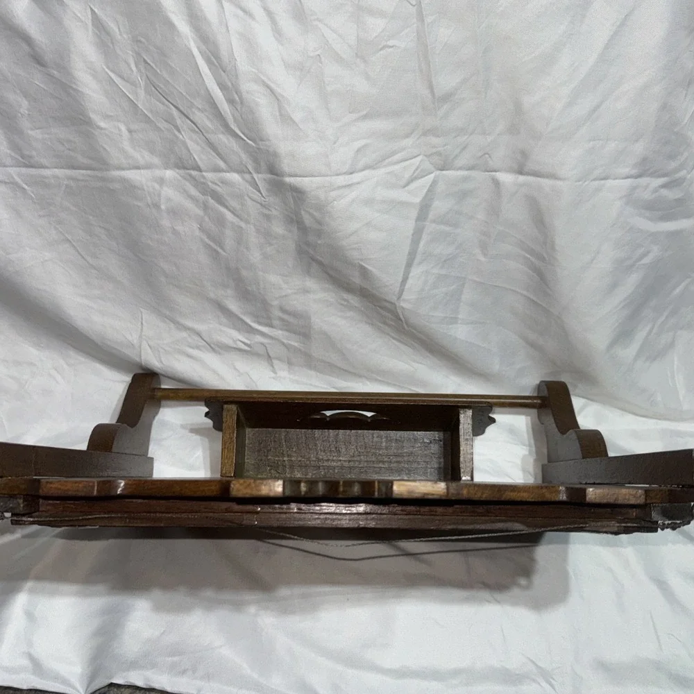Antique Oak Wood Wall Shaving Mirror Towel Rack & Accessory Box Wall Hang